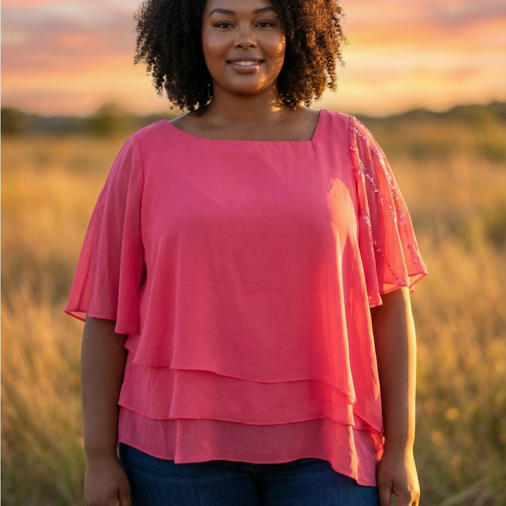 Women's Layered Flutter-Sleeve Blouse in Rose Pink